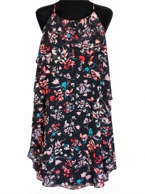 BCBGMAXAZRIA Floral Mini Dress | Black Ruffle Strappy | Size Large